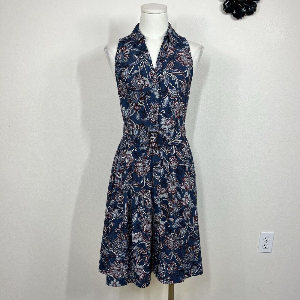Maeve Anthropologie Dress Womens 00 Blue Paisley Calia Belted Shirt Boho - Picture 2 of 10